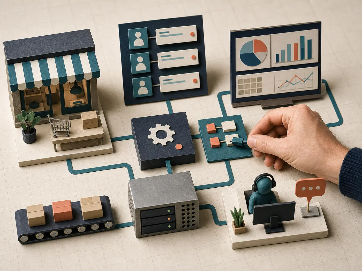 Ein physisches Modell verbindet eine Storefront mit CRM-, Automatisierungs-, Daten- und Support-Systemen