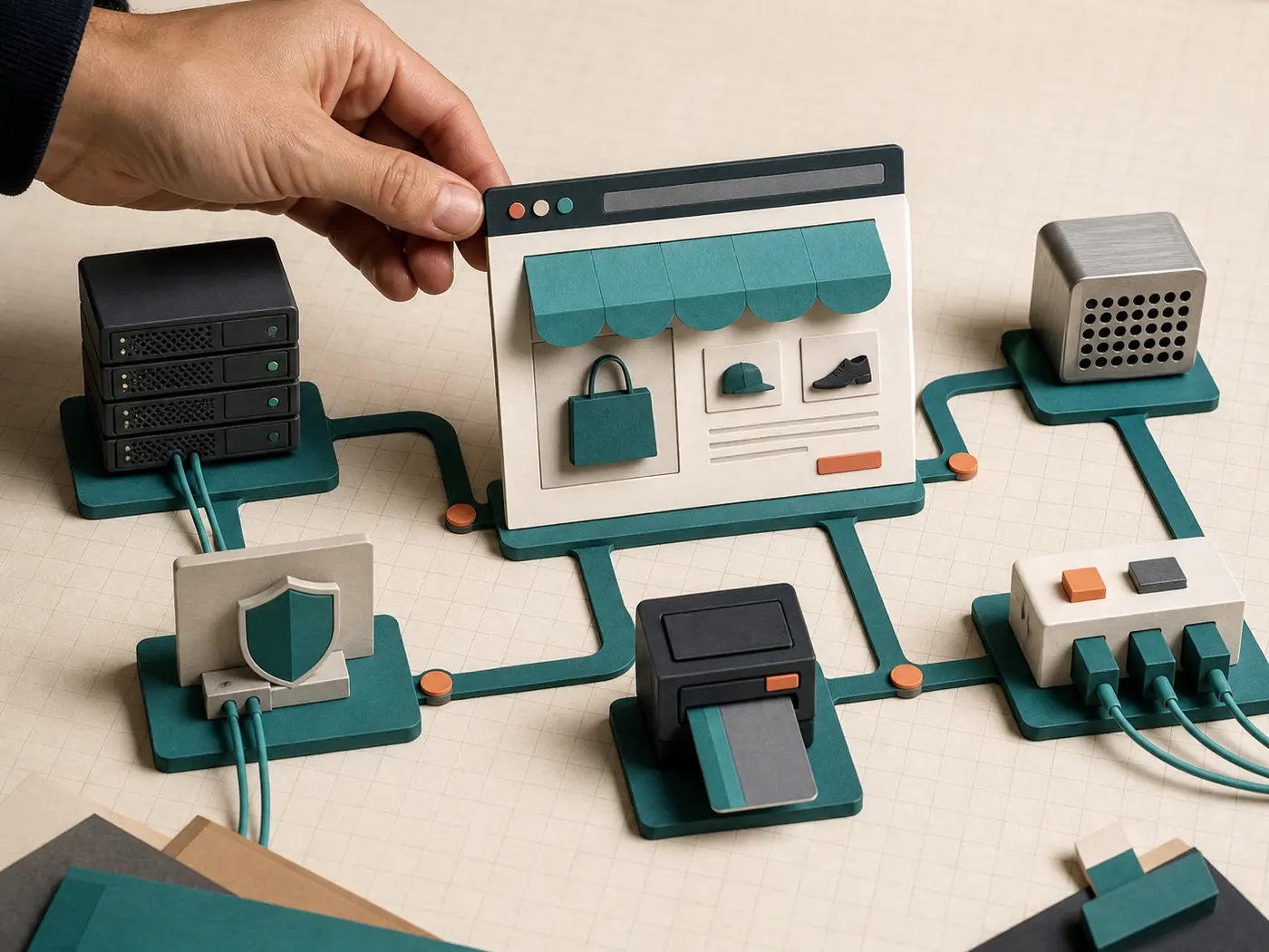 A physical model of an online store connected to hosting, security and integration systems